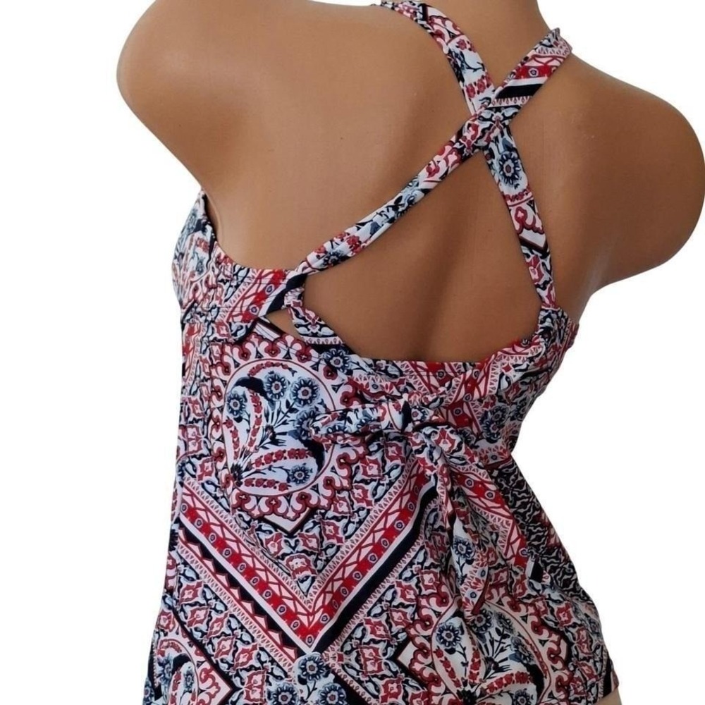 New Directions Swim Tankini M Red Blue Paisley Halter womens swimwear top medium - Picture 2 of 7